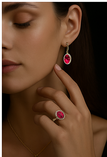 Rubellite Tourmaline Jewelry Set – Earrings & Ring, 18K Gold with Diamonds